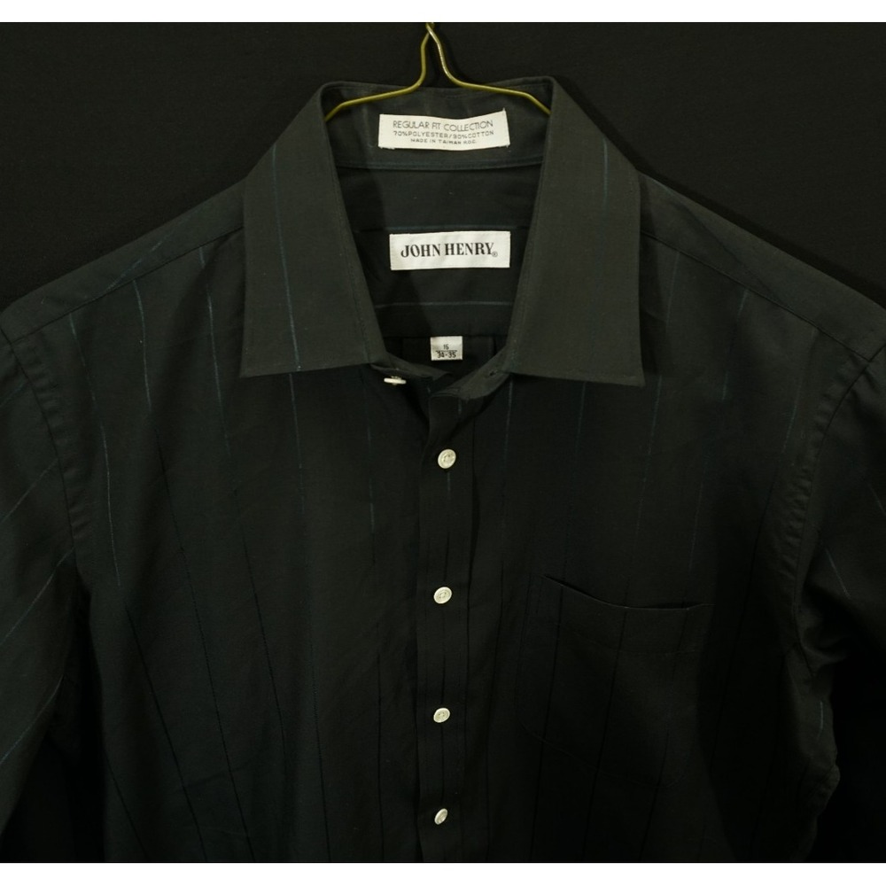 John Henry Men's L‎ 16' 34/35 Black Satin Pique Stripe Shirt Long Sleeve Western